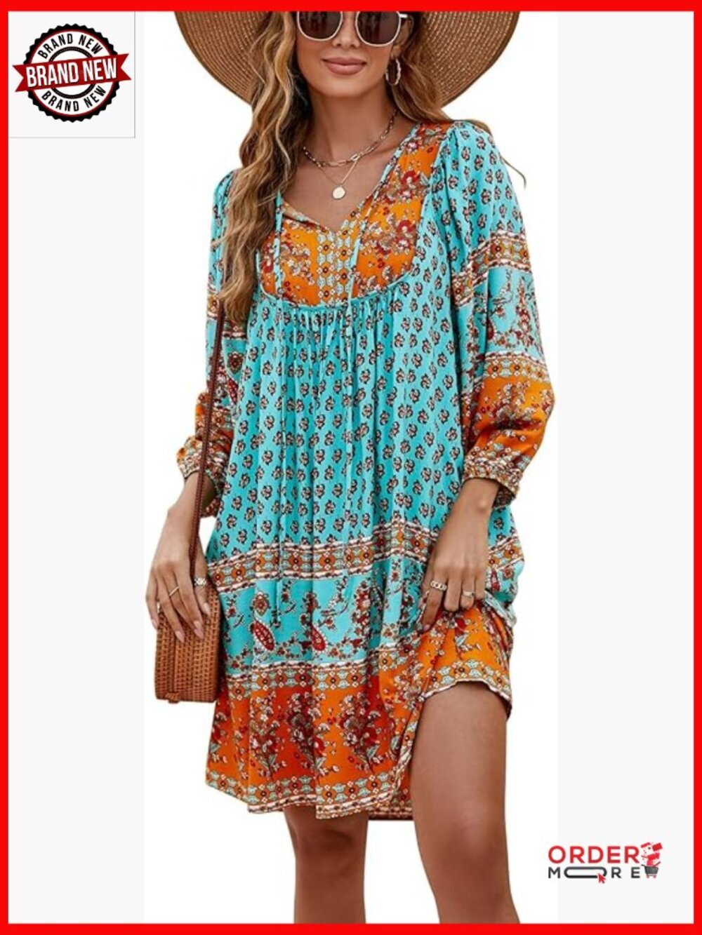 Boho V Neck Babydoll Dress 3/4 Sleeve Flowy Floral Summer Beach Dress